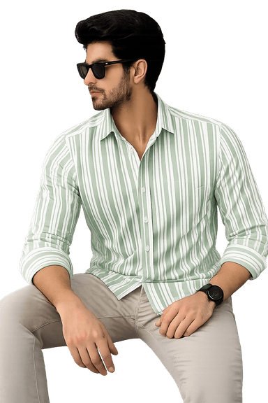 Men Mint Green Striped Casual Cotton Blend Shirt