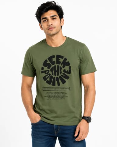 Men’s Olive Green SEEK THE POSITIVE Printed Round Neck T-Shirt