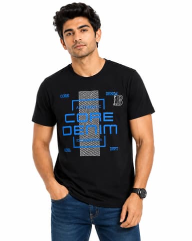 Men’s Black CORE DENIM Graphic Printed Round Neck T-Shirt
