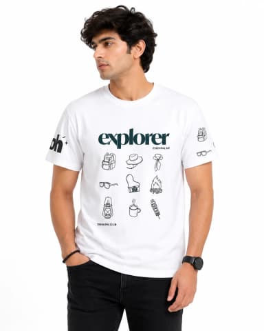 Men’s White Explorer Trekking Club Printed Round Neck T-Shirt