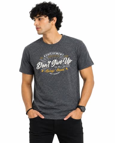 Men’s Charcoal Grey Don’t Give Up Printed Round Neck T-Shirt