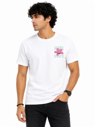 Men’s White Aloha State Printed Round Neck T-Shirt
