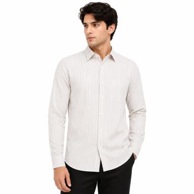 Men's Premium Full Sleeve Vertical Striped Casual Shirt | Cotton Blend Regular Fit | Beige & White Formal Shirt