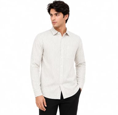 Men's Premium Full Sleeve Striped Cotton Blend Casual Shirt | Regular Fit | Cream White Vertical Stripe Shirt