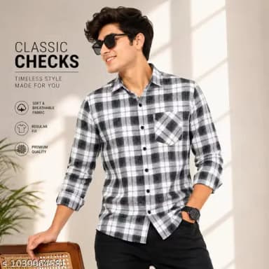 Men's Black & White Checked Casual Shirt | Full Sleeve Cotton Blend Regular Fit Stylish Plaid Shirt