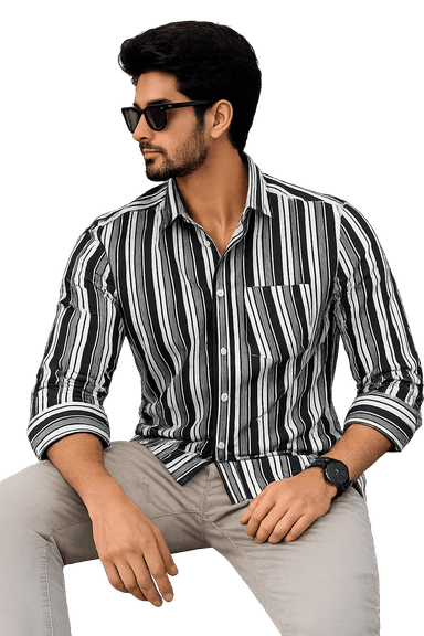 Men Black Striped Casual Cotton Blend Shirt