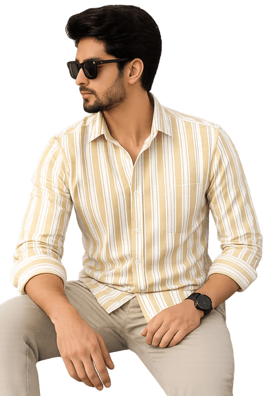 Men Yellow Striped Casual Cotton Blend Shirt